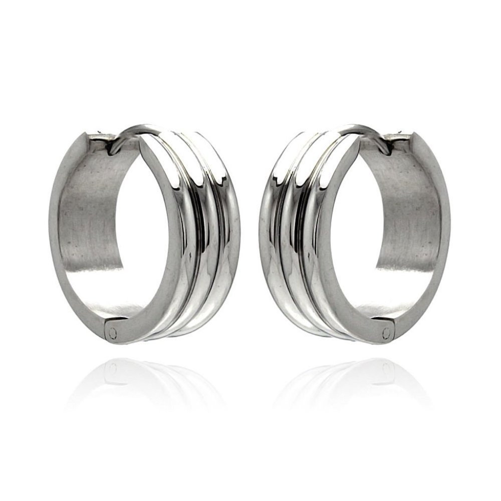 Stainless Steel Rhodium Plated Triple Line Hoop Huggies Earrings